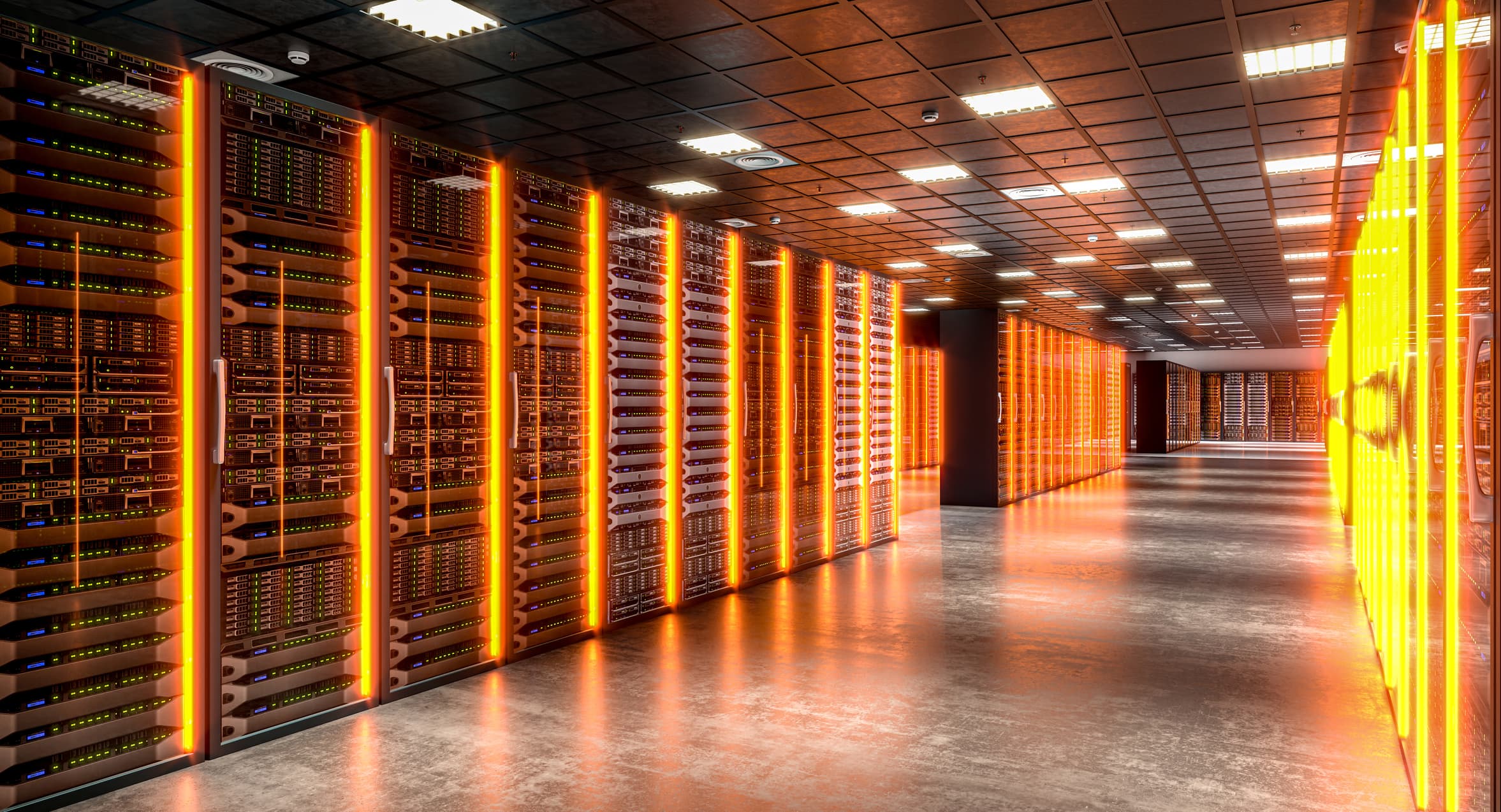 Modern Data Center Glowing With Orange Lights Stock